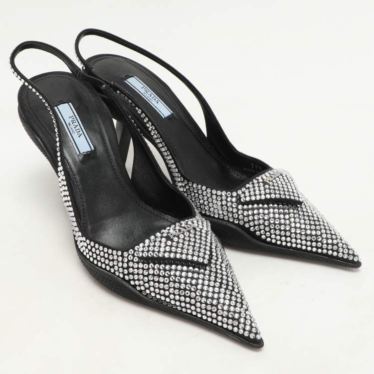 Pre Owned Prada Black Satin Crystal Embellished Pointed Toe Slingback Pumps 36.5