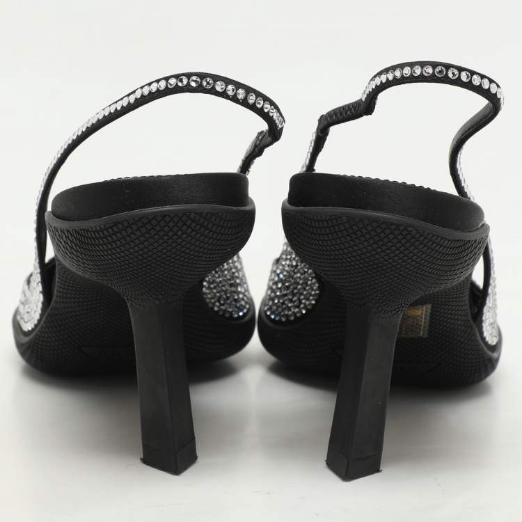 Pre Owned Prada Black Satin Crystal Embellished Pointed Toe Slingback Pumps 36.5