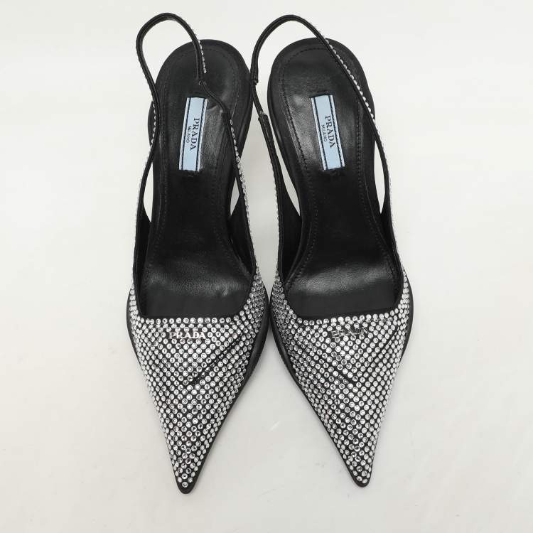 Pre Owned Prada Black Satin Crystal Embellished Pointed Toe Slingback Pumps 36.5
