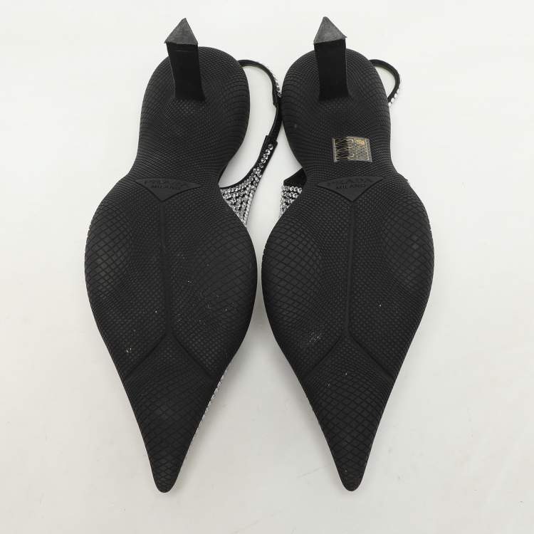 Pre Owned Prada Black Satin Crystal Embellished Pointed Toe Slingback Pumps 36.5