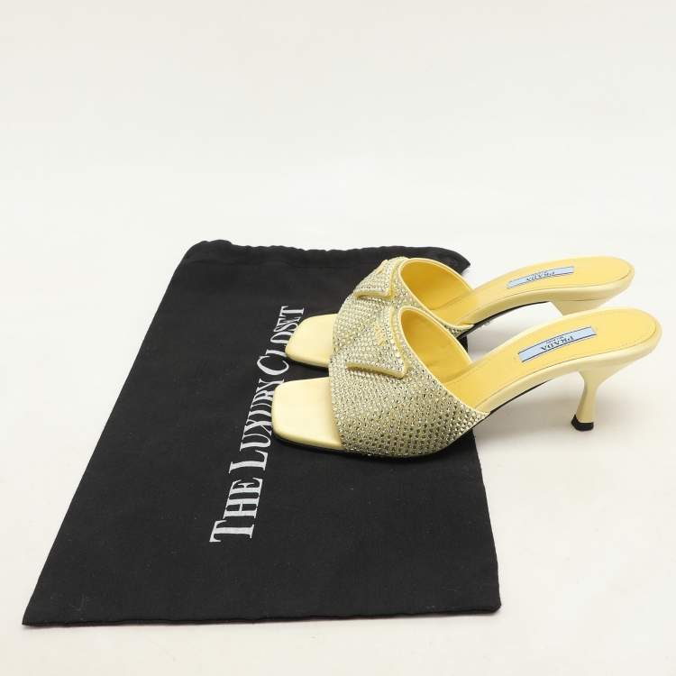 Pre Owned Prada Yellow Crystal Embellished Satin Logo Slide Sandals Size 37