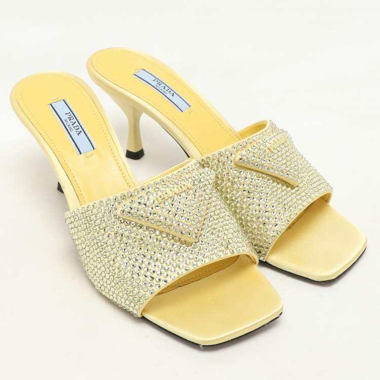 Pre Owned Prada Yellow Crystal Embellished Satin Logo Slide Sandals Size 37