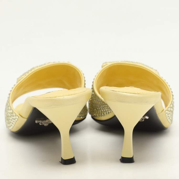 Pre Owned Prada Yellow Crystal Embellished Satin Logo Slide Sandals Size 37