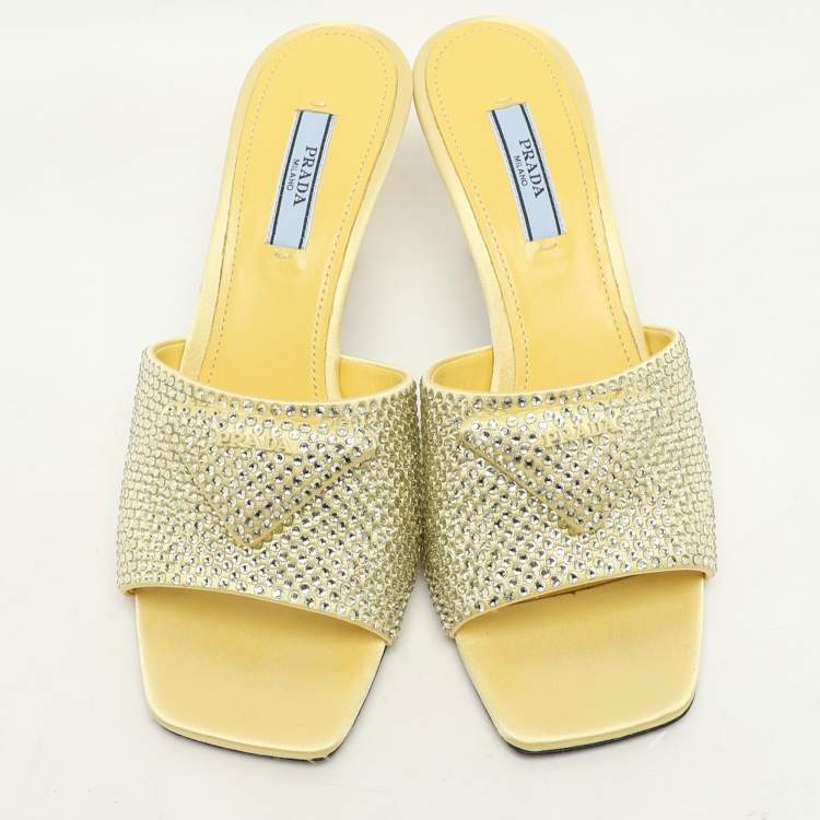 Pre Owned Prada Yellow Crystal Embellished Satin Logo Slide Sandals Size 37