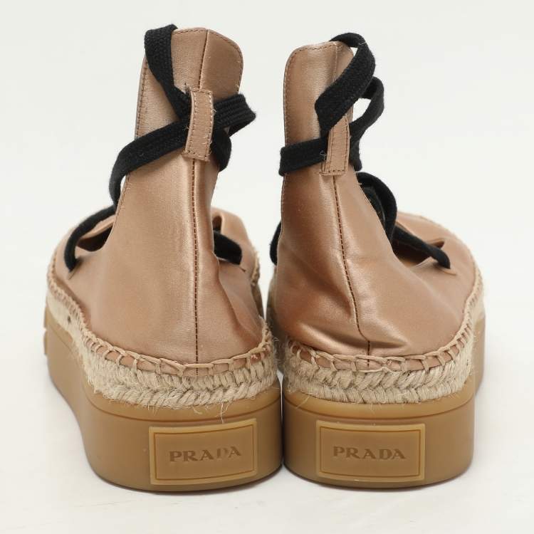 Pre Owned Prada Metallic Beige Satin Tyre-Sole Espadrille Size 36.5 