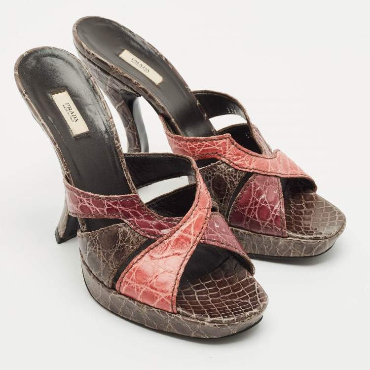 Pre Owned Prada Multicolor Crocodile Cut Out Slide Sandals Size 39