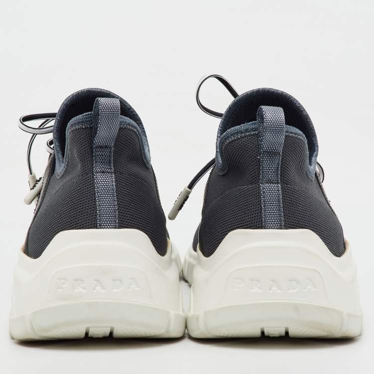 Pre Owned Prada Grey/Black Knit Fabric and Leather Logo Print Low Top Sneakers Size 36