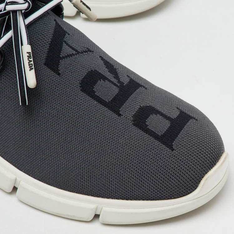Pre Owned Prada Grey/Black Knit Fabric and Leather Logo Print Low Top Sneakers Size 36