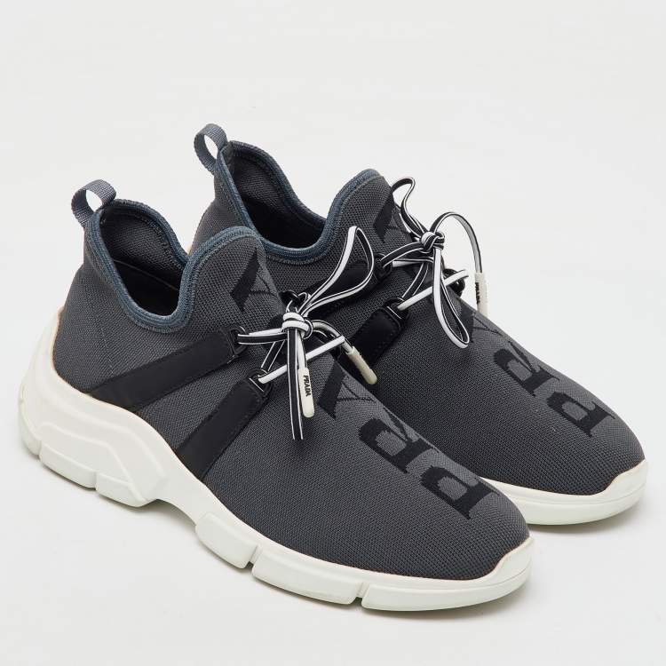 Pre Owned Prada Grey/Black Knit Fabric and Leather Logo Print Low Top Sneakers Size 36