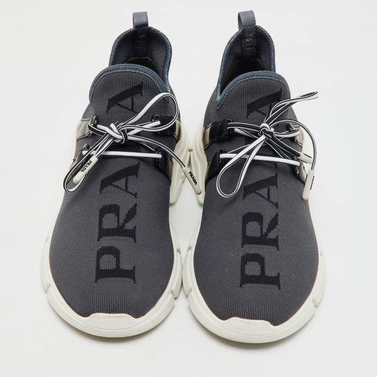 Pre Owned Prada Grey/Black Knit Fabric and Leather Logo Print Low Top Sneakers Size 36