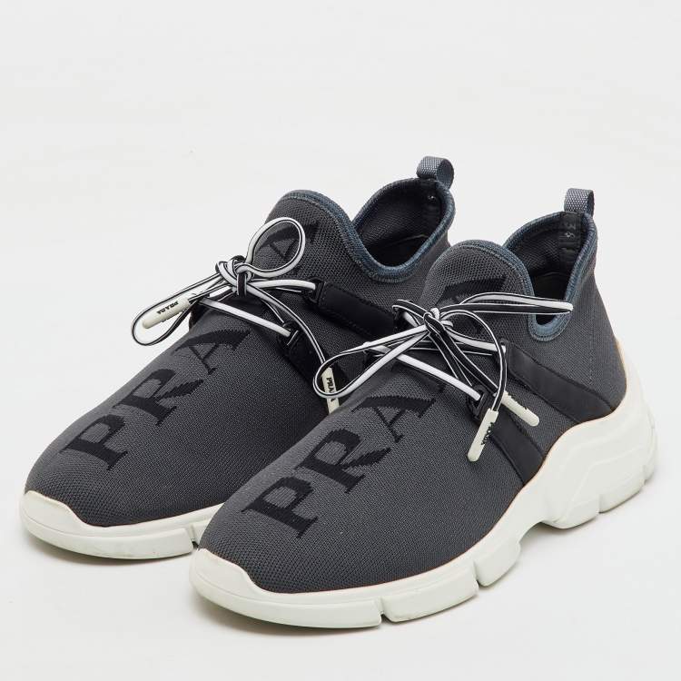 Pre Owned Prada Grey/Black Knit Fabric and Leather Logo Print Low Top Sneakers Size 36