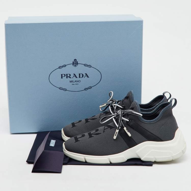 Pre Owned Prada Grey/Black Knit Fabric and Leather Logo Print Low Top Sneakers Size 36