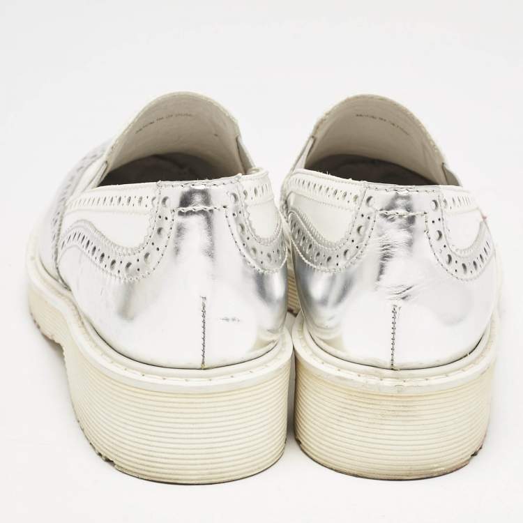 Pre Owned Prada Sport White/Silver Brogue Leather Slip On Loafer Sneakers Size 39.5