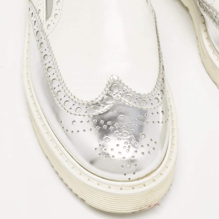 Pre Owned Prada Sport White/Silver Brogue Leather Slip On Loafer Sneakers Size 39.5