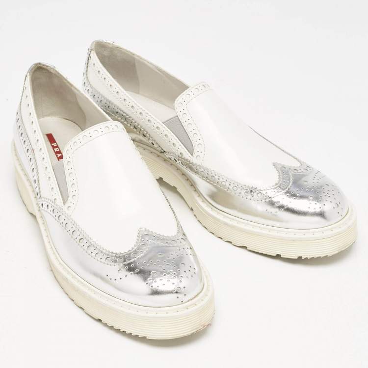 Pre Owned Prada Sport White/Silver Brogue Leather Slip On Loafer Sneakers Size 39.5