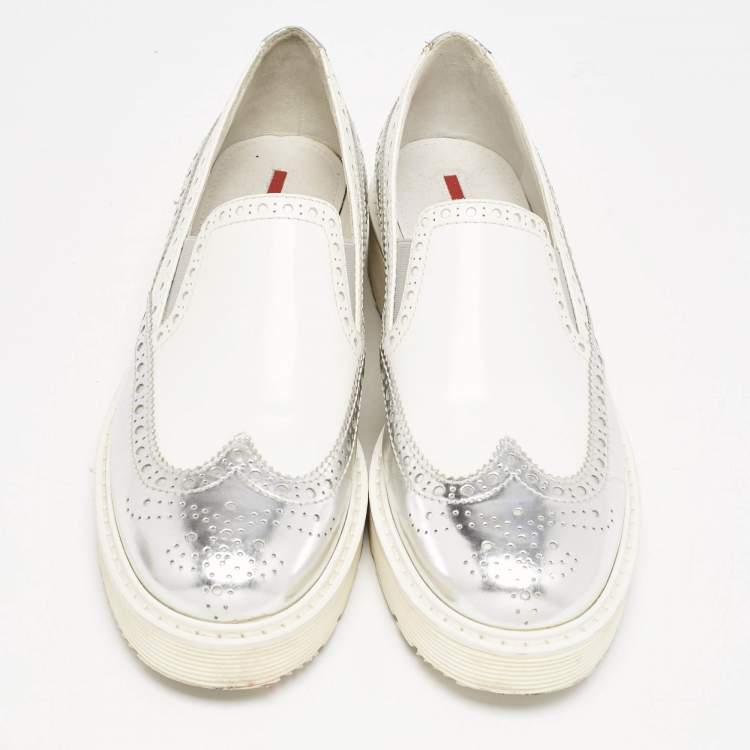 Pre Owned Prada Sport White/Silver Brogue Leather Slip On Loafer Sneakers Size 39.5
