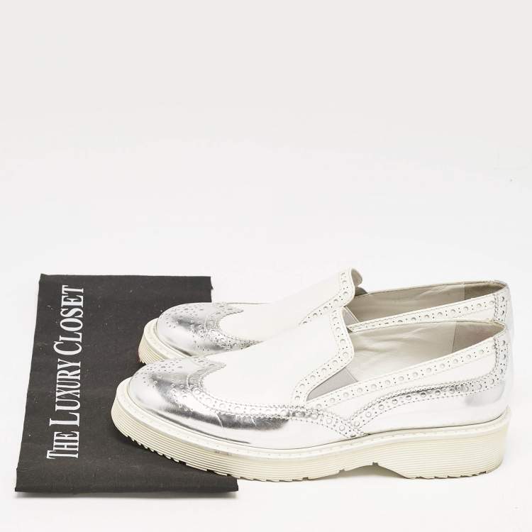 Pre Owned Prada Sport White/Silver Brogue Leather Slip On Loafer Sneakers Size 39.5