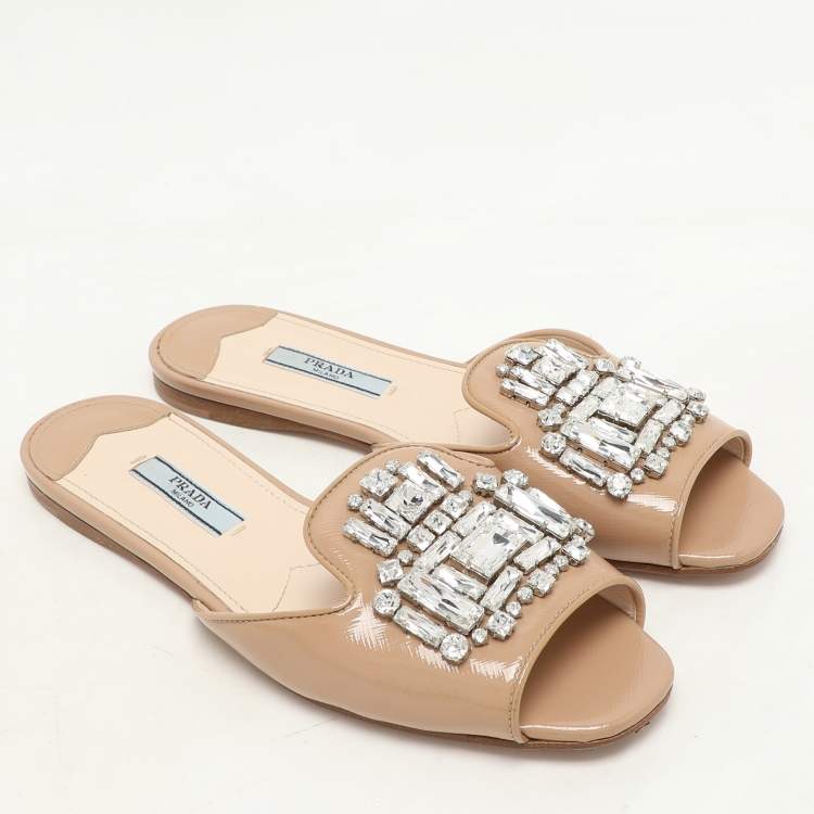 Pre Owned Prada Beige Patent Leather Crystal Embellished Slide Sandals Size 36.5