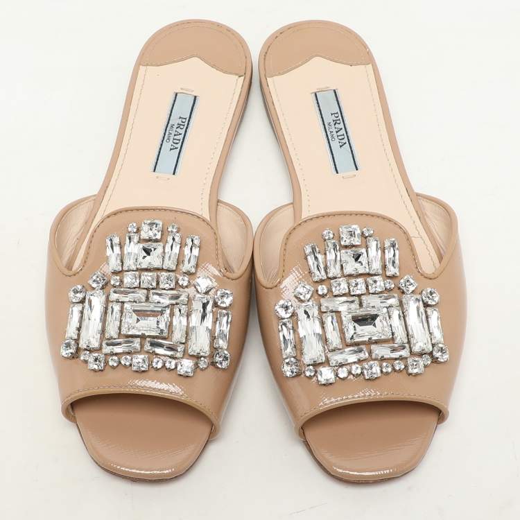 Pre Owned Prada Beige Patent Leather Crystal Embellished Slide Sandals Size 36.5