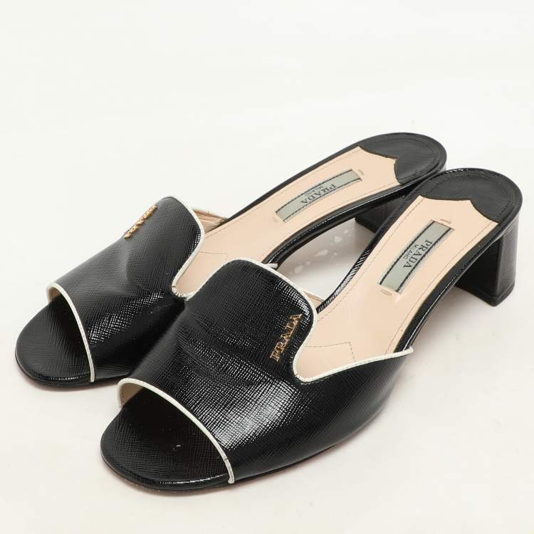 Pre Owned Prada Black Patent Leather Slide Sandals Size 36.5