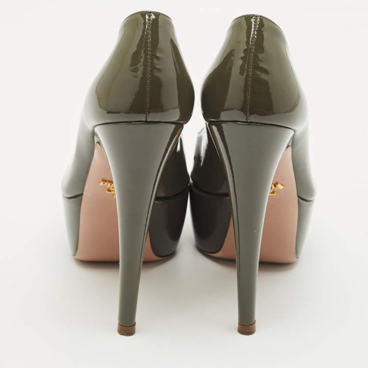 Pre Owned Prada Olive Green Patent Leather Peep Toe Platform Pumps Size 36.5