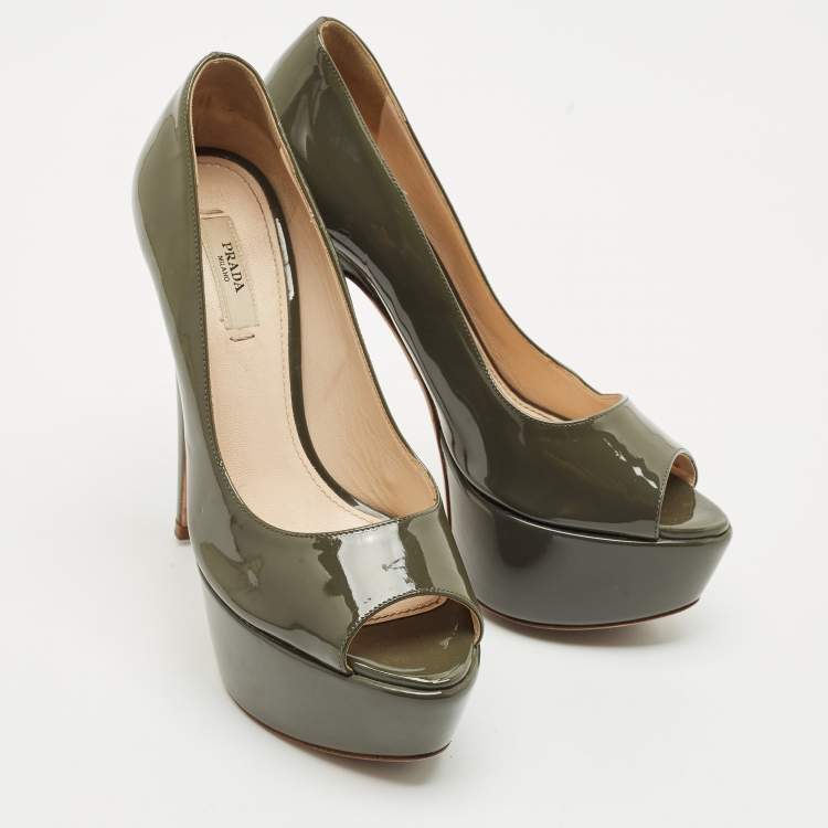Pre Owned Prada Olive Green Patent Leather Peep Toe Platform Pumps Size 36.5