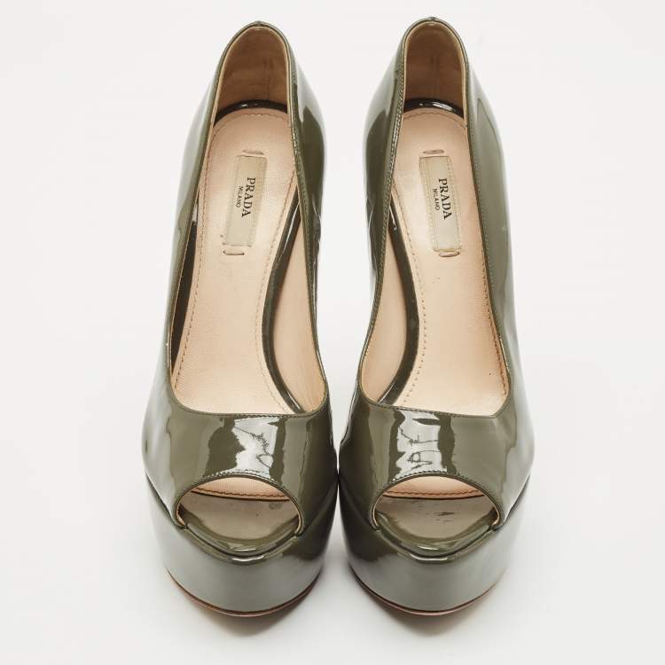 Pre Owned Prada Olive Green Patent Leather Peep Toe Platform Pumps Size 36.5