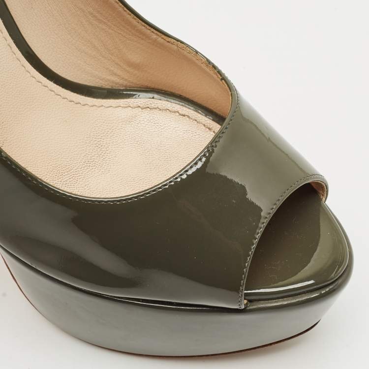 Pre Owned Prada Olive Green Patent Leather Peep Toe Platform Pumps Size 36.5
