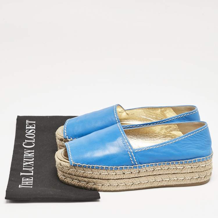Pre Owned Prada Blue Leather Open Toe Platform Espadrilles Size 39
