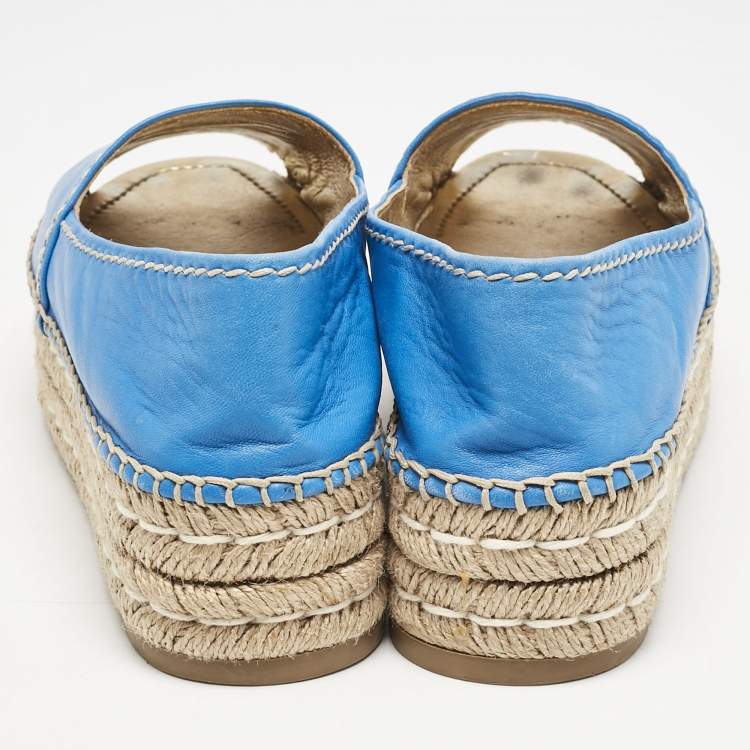Pre Owned Prada Blue Leather Open Toe Platform Espadrilles Size 39