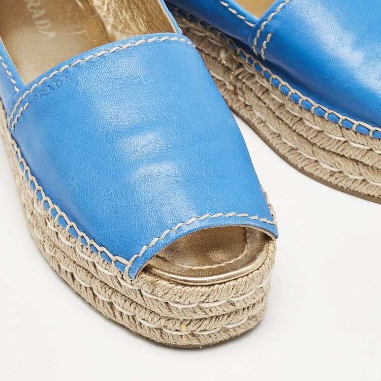 Pre Owned Prada Blue Leather Open Toe Platform Espadrilles Size 39
