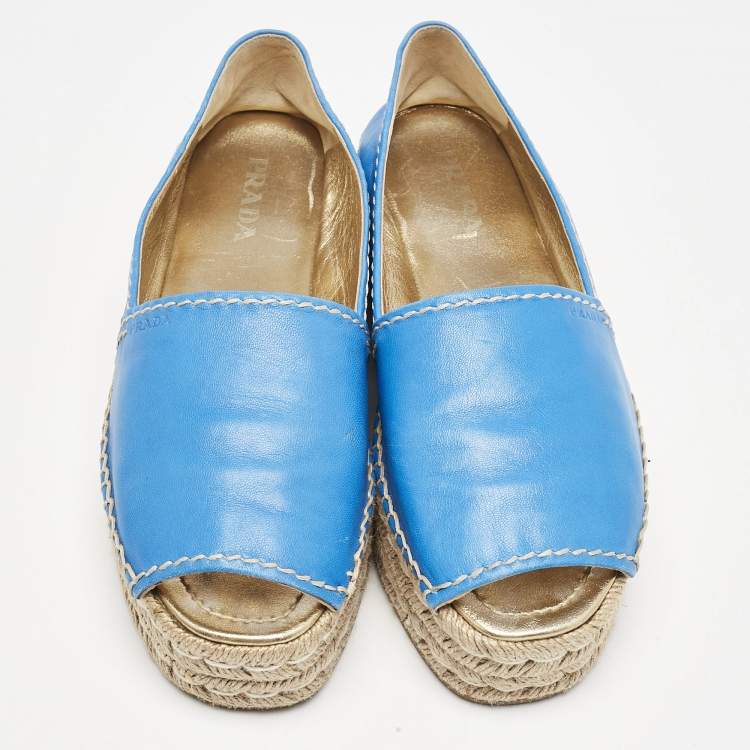 Pre Owned Prada Blue Leather Open Toe Platform Espadrilles Size 39