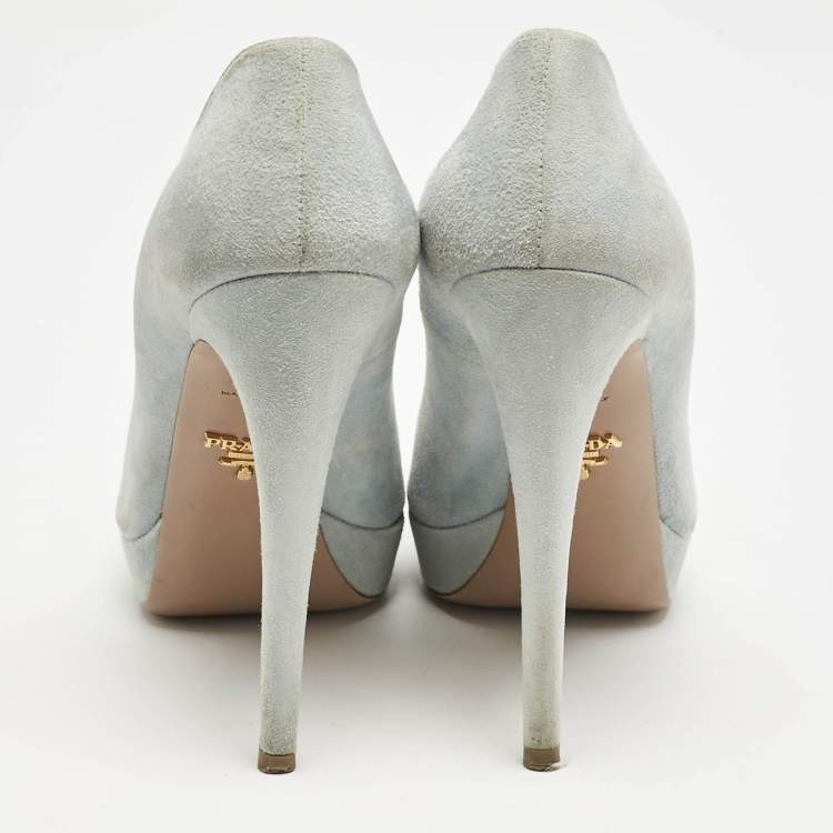 Pre Owned Prada Light Blue Suede Peep Toe Platform Pumps Size 38