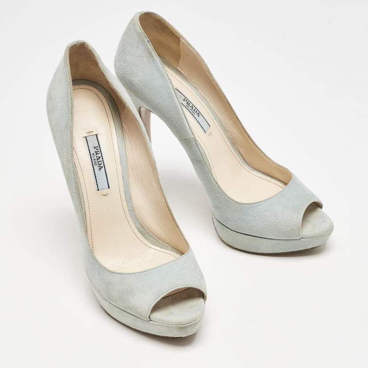 Pre Owned Prada Light Blue Suede Peep Toe Platform Pumps Size 38