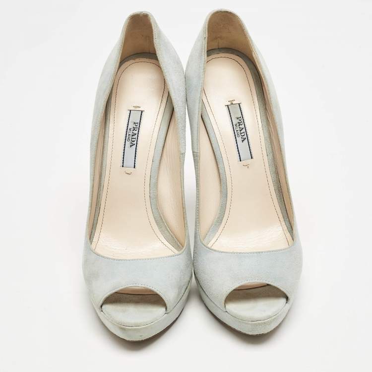 Pre Owned Prada Light Blue Suede Peep Toe Platform Pumps Size 38