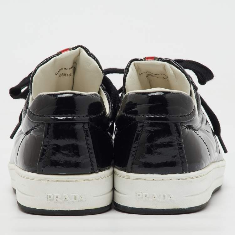 Pre Owned Prada Black Patent Leather Lace Up Low Top Sneakers Size 37.5