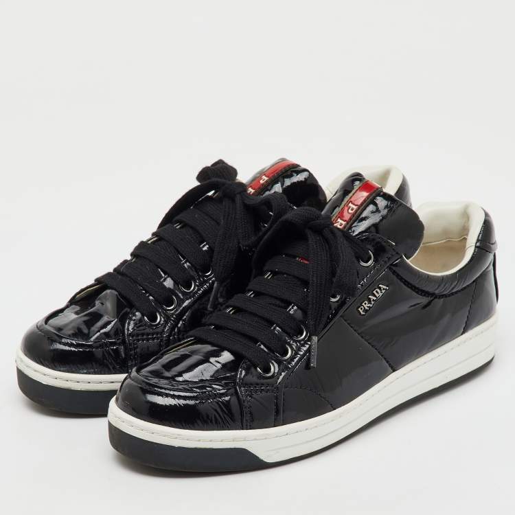 Pre Owned Prada Black Patent Leather Lace Up Low Top Sneakers Size 37.5