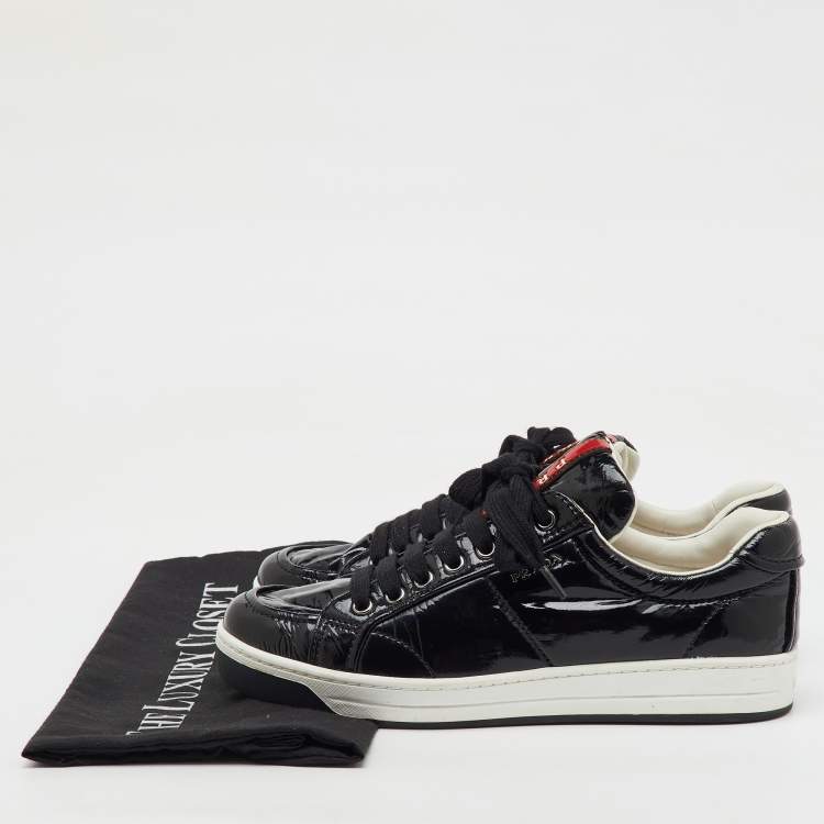 Pre Owned Prada Black Patent Leather Lace Up Low Top Sneakers Size 37.5