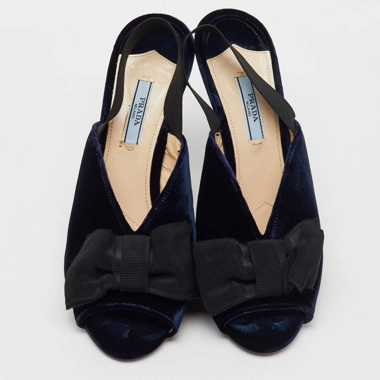Pre Owned Prada Navy Blue/Black Velvet Bow Slingback Sandals Size 39
