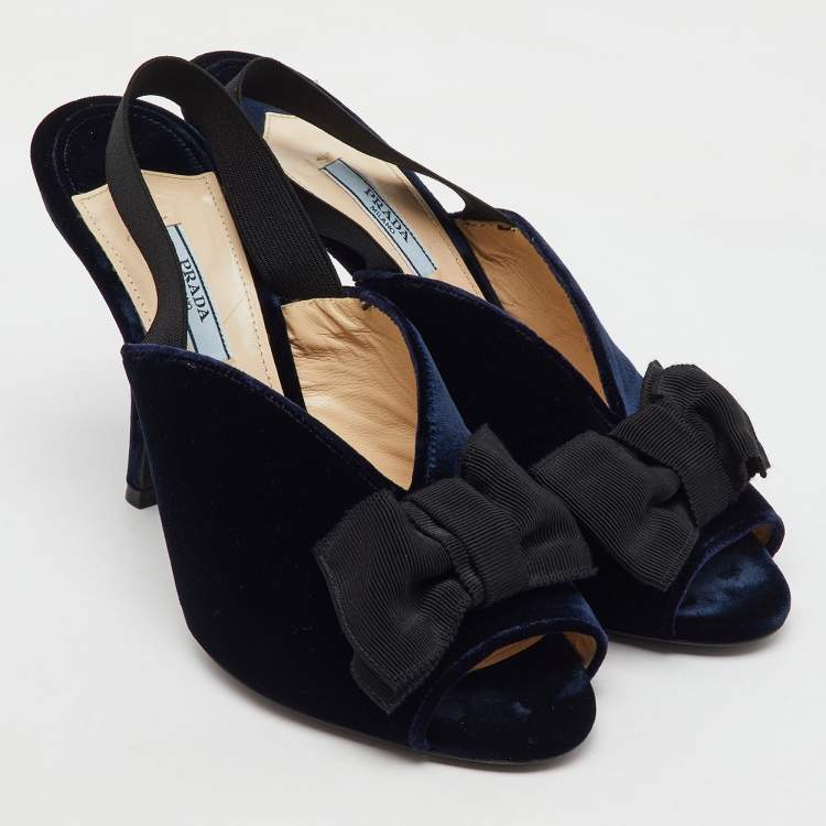 Pre Owned Prada Navy Blue/Black Velvet Bow Slingback Sandals Size 39