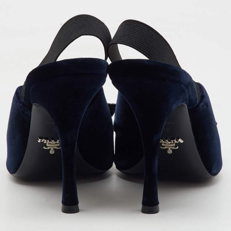 Pre Owned Prada Navy Blue/Black Velvet Bow Slingback Sandals Size 39