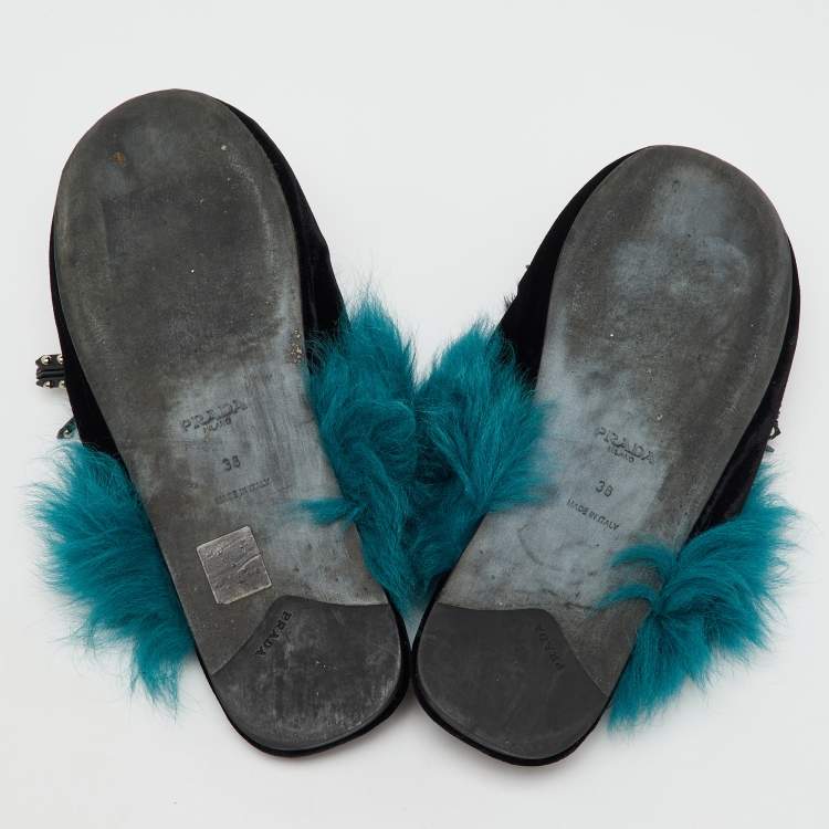 مملوكة مسبقًا Prada Black/Teal Velvet and Fur Tassel Flat Mules Size 38