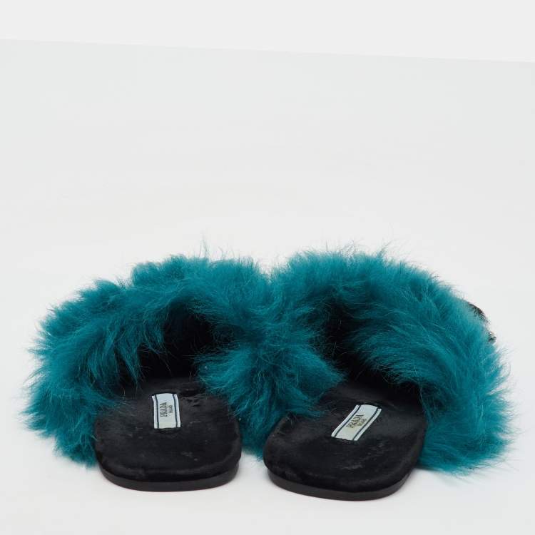 مملوكة مسبقًا Prada Black/Teal Velvet and Fur Tassel Flat Mules Size 38