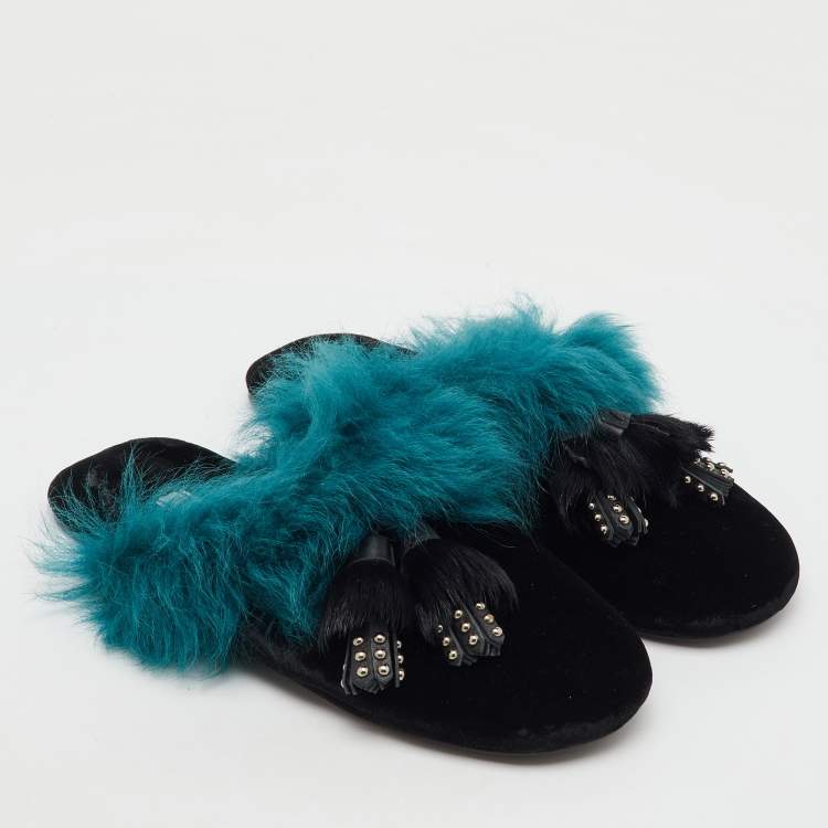 مملوكة مسبقًا Prada Black/Teal Velvet and Fur Tassel Flat Mules Size 38