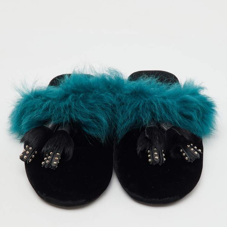 مملوكة مسبقًا Prada Black/Teal Velvet and Fur Tassel Flat Mules Size 38