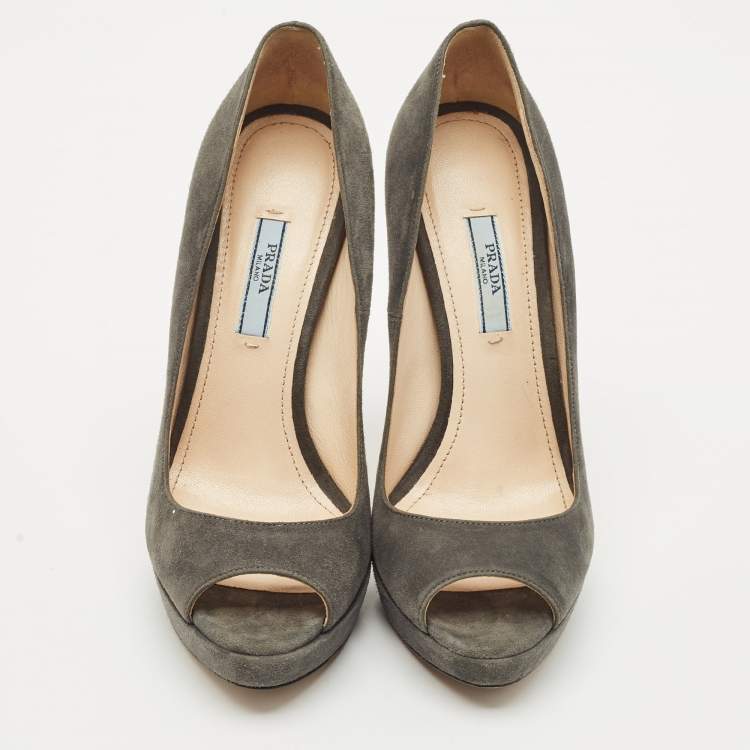 Pre Owned Prada Grey Suede Peep Toe Pumps Size 38