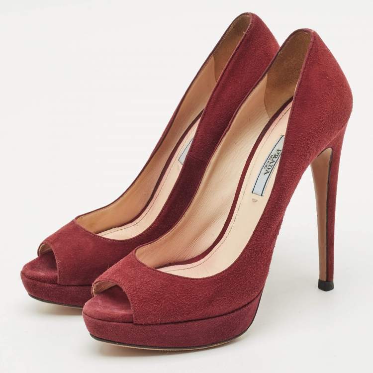 Pre Owned Prada Burgundy Suede Peep Toe Pumps Size 38