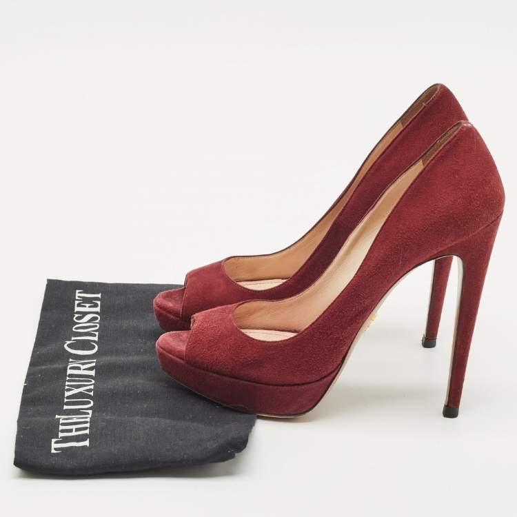 Pre Owned Prada Burgundy Suede Peep Toe Pumps Size 38