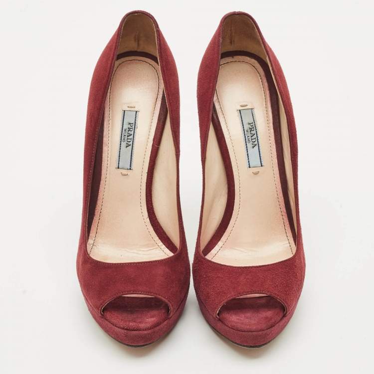 Pre Owned Prada Burgundy Suede Peep Toe Pumps Size 38