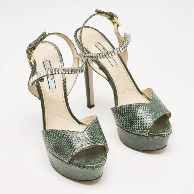 Pre Owned Prada Green Snakeskin Crystals Embellished Ankle Strap Sandals Size 36